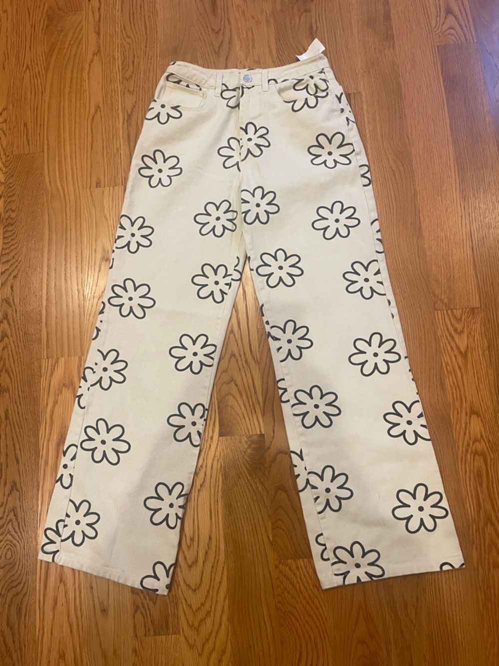 Wide Leg Daisy Print Jeans - Cream/Black size 5 (OL2)